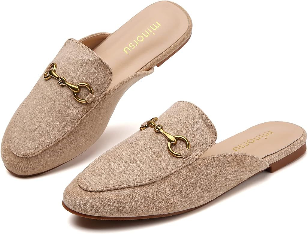 Minorsu Buckle Mules for Women Round Toe Backless Flat Mules Slides Mules Shoes Ladies Slip-on Lo... | Amazon (US)