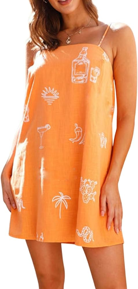 Women Boho Mini Cami Dress Graffiti Spaghetti Strap Aline Fruit Dress Cute Colofrul Short Beach S... | Amazon (US)