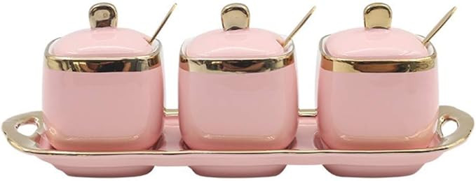 Amazon.com | jessie 3Pcs Condiment Jar Spice Container with Ceramic Tray Serving Spoon and Lids f... | Amazon (US)
