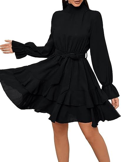 SweatyRocks Women's Elegant High Neck Flounce Sleeve High Waist Ruffle Belted Party Mini Dress | Amazon (US)