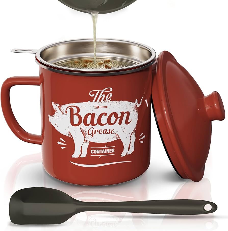 Bacon Grease Container With Strainer, 46OZ Large Enamel Grease Container, With Silicone Spatula, ... | Amazon (US)