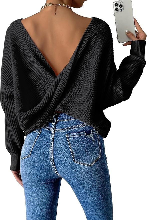 Labolliy Women Twist Back Backless Drop Shoulder Long Sleeve Pullover Rib Knit Sweater Tops | Amazon (US)