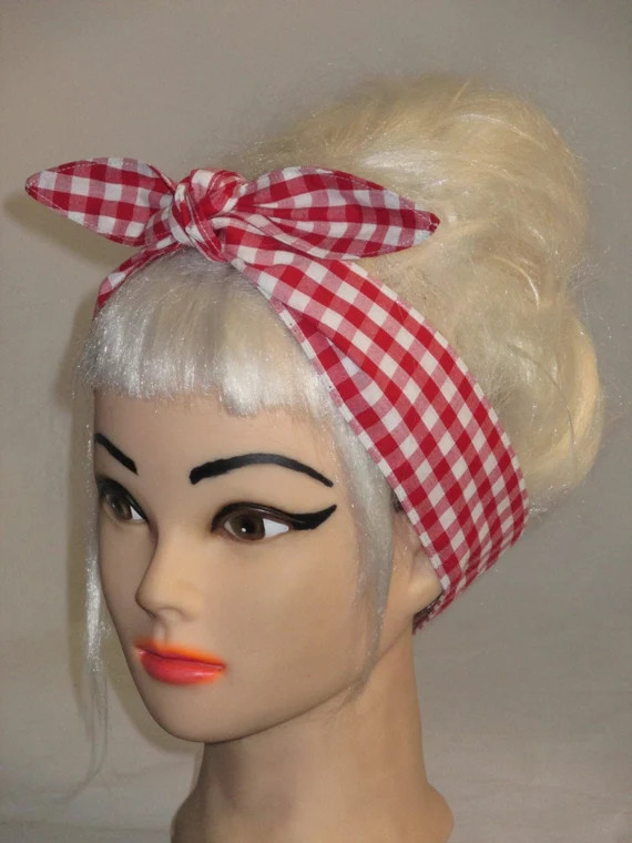 Headband Gingham Head Wrap Scarf Bandana hair tie Rockabilly  RED WHITE | Etsy (US)