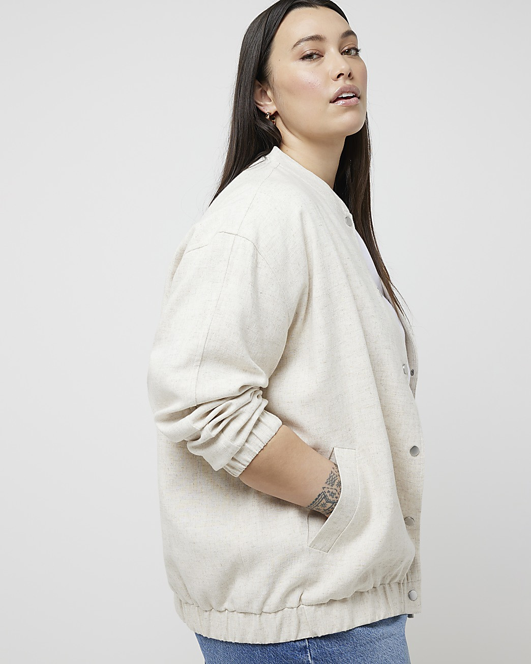 Plus beige linen blend bomber jacket | River Island (UK & IE)