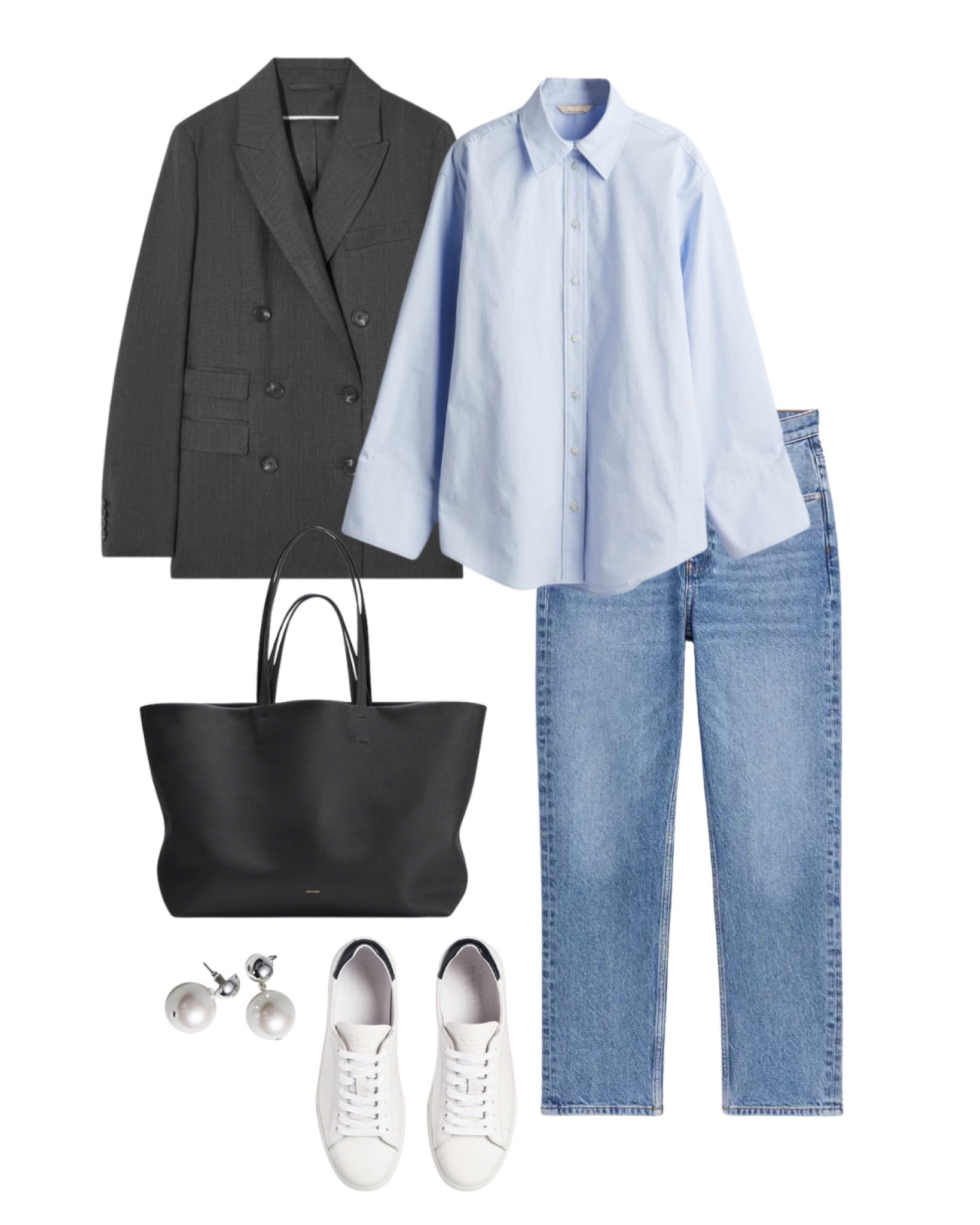 Grey blazer, blue shirt, tote bag, sneakers, spring outfit 

#LTKSeasonal #LTKover40 #LTKstyletip
