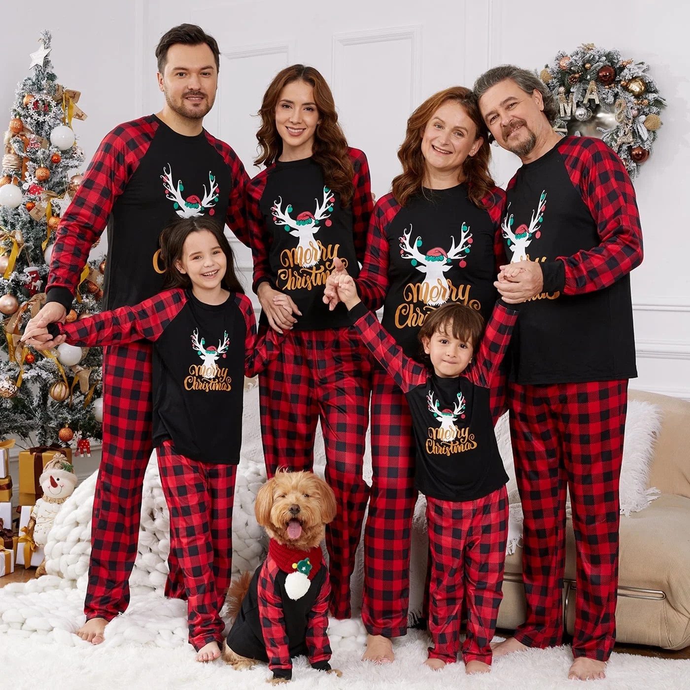 PatPat Merry Christmas Pajamas Letter Antler Print Plaid Splice Women Family Matching Pajamas Set... | Walmart (US)