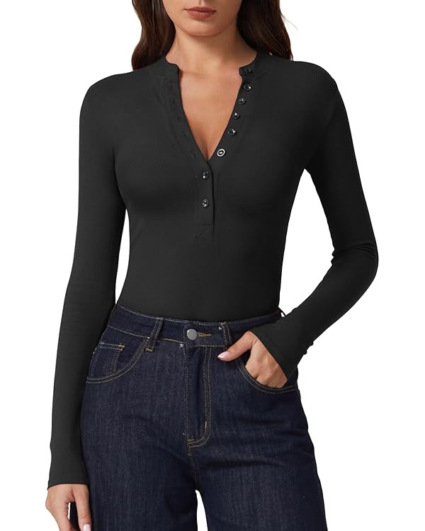 QINSEN Button Down Shirts for Women V Neck Long Sleeve Ribbed Knit Slim Fit Basic Tee Tops | Amazon (US)