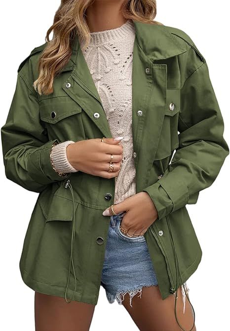Womens Military Anorak Jackets Zip Up Parka Safari Utility Versatile Coat Snap Button Waist Draws... | Amazon (US)