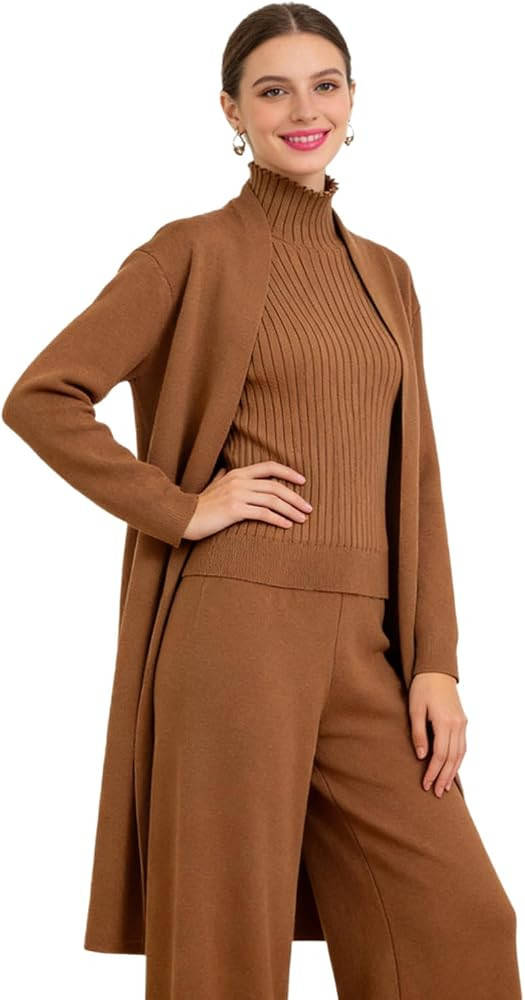 Women's 3 Piece Knit Set Long Cardigan Loungewear Sleeveless Turtleneck Tank Top and Wide Leg Pan... | Amazon (US)