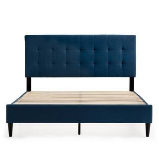 Tara Blue Navy Queen Square Tufted Upholstered Platform Bed | The Home Depot