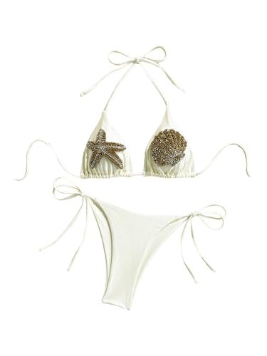 Verdusa Women's 2 Piece Halter Bikini Set Triangle Bikinis Boho Seashell Tie Backless Swimsuit Vacation Outfit Beige Medium | Amazon (US)