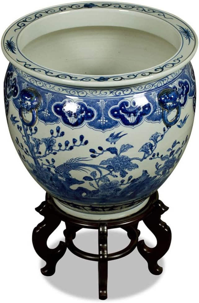 ChinaFurnitureOnline 19 Inch Blue and White Porcelain Bird and Flower Chinese Fishbowl Planter | Amazon (US)