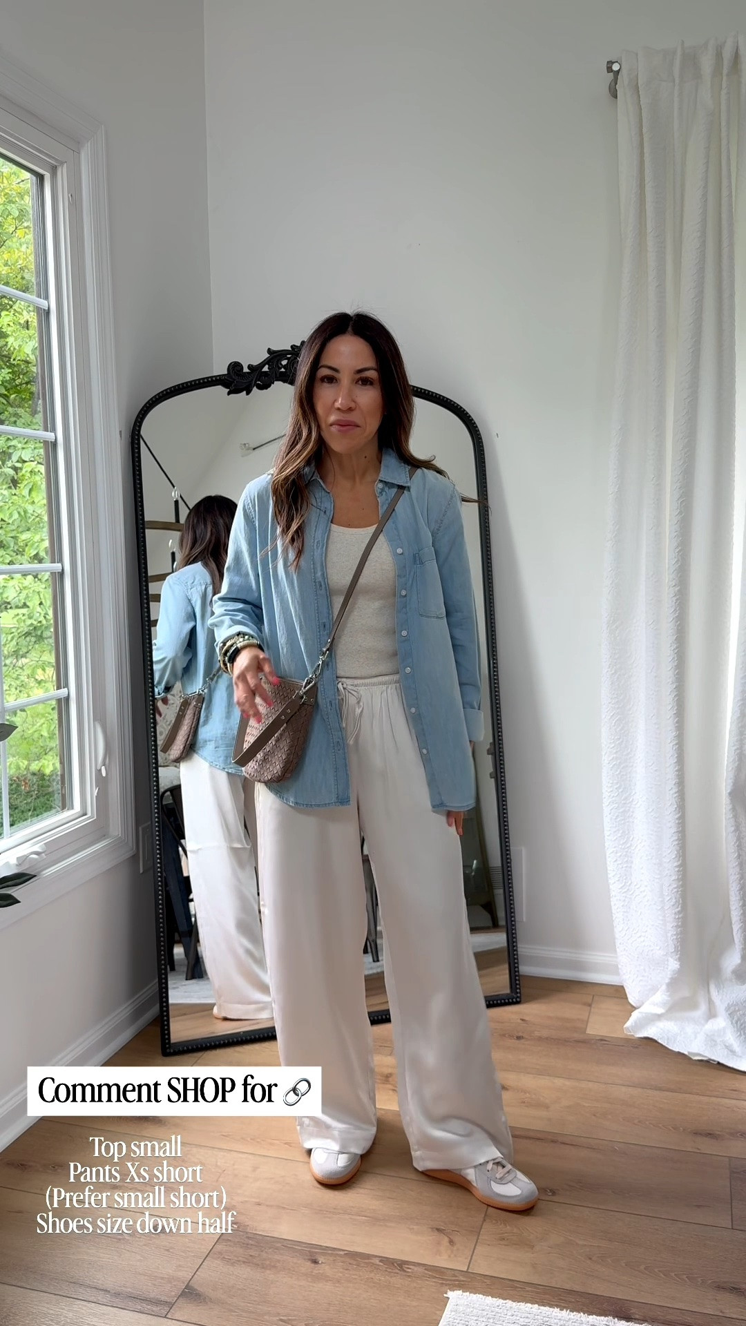 Small denim shirt. Satin pants Xs short, but prefer small short.

#LTKSaleAlert #LTKOver40 #LTKPetite