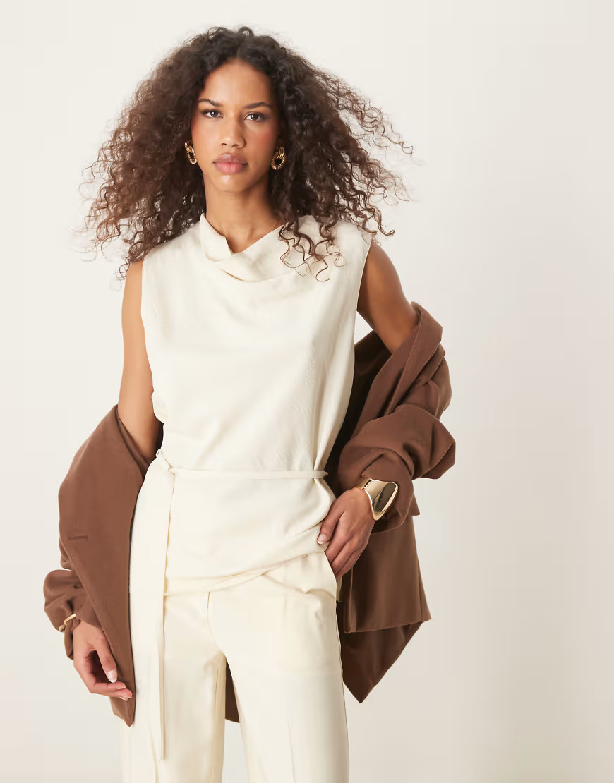 ASOS DESIGN tailored draped sleeveless cowl neck linen look top co-ord in buttermilk-Neutral | ASOS (Global)