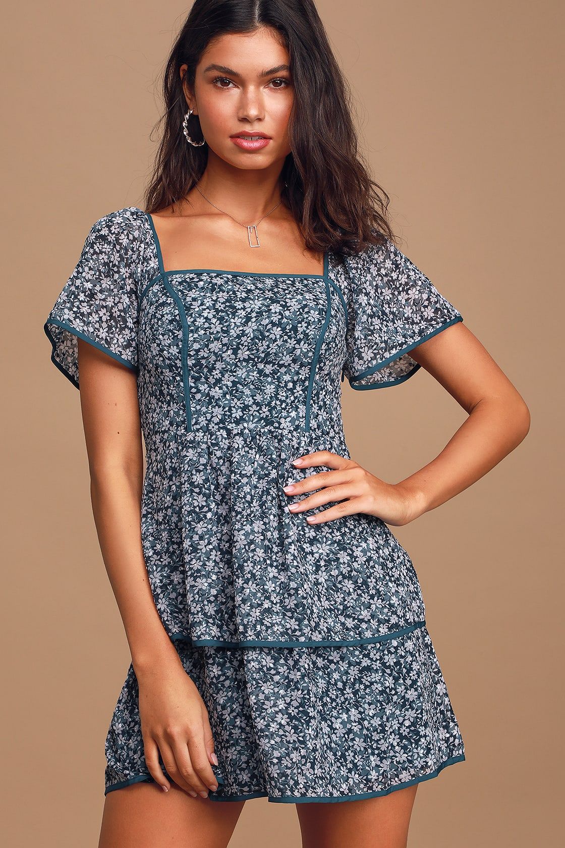 Country Mart Teal Floral Print Tiered Mini Dress | Lulus