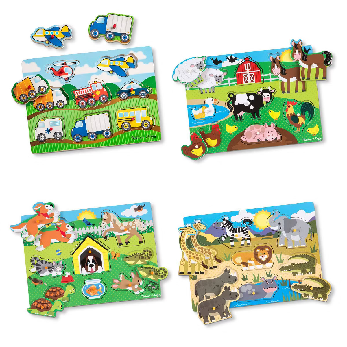 Melissa & Doug Wooden Peg Puzzle 4pk - Vehicles, Farm, Safari, Pets | Target