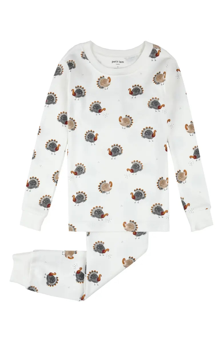 Petit Lem Kids' Turkey Print Fitted Two-Piece Organic Cotton Rib Pajamas | Nordstrom | Nordstrom