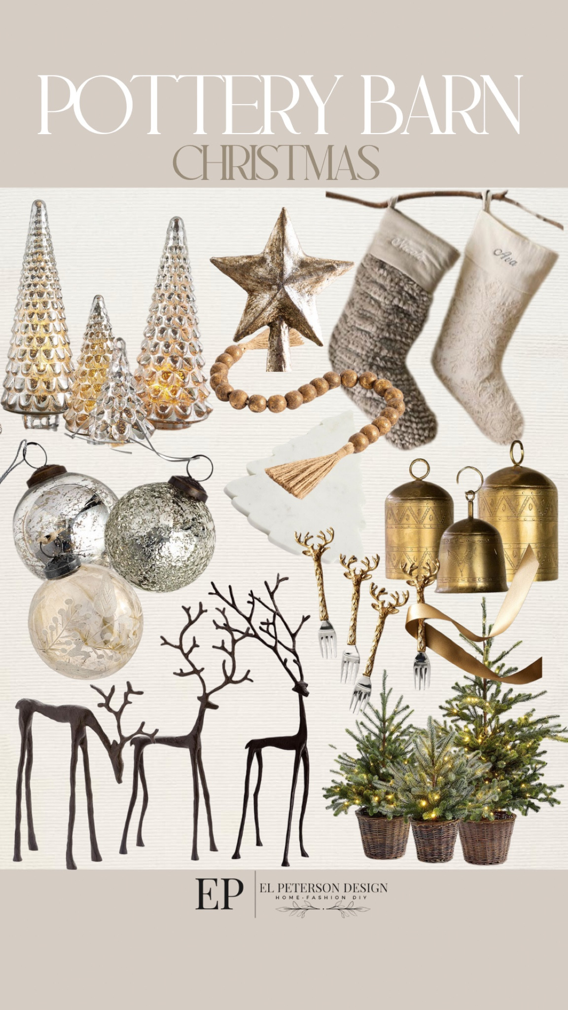 Pottery barn Christmas
Stockings 
Star 
Hold beaded chain
Reindeers
Ornaments 
Table top Christmas tree
Forks
Mercury glass table top trees

#LTKHome