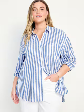 Linen-Blend Striped Boyfriend Shirt | Old Navy (US)