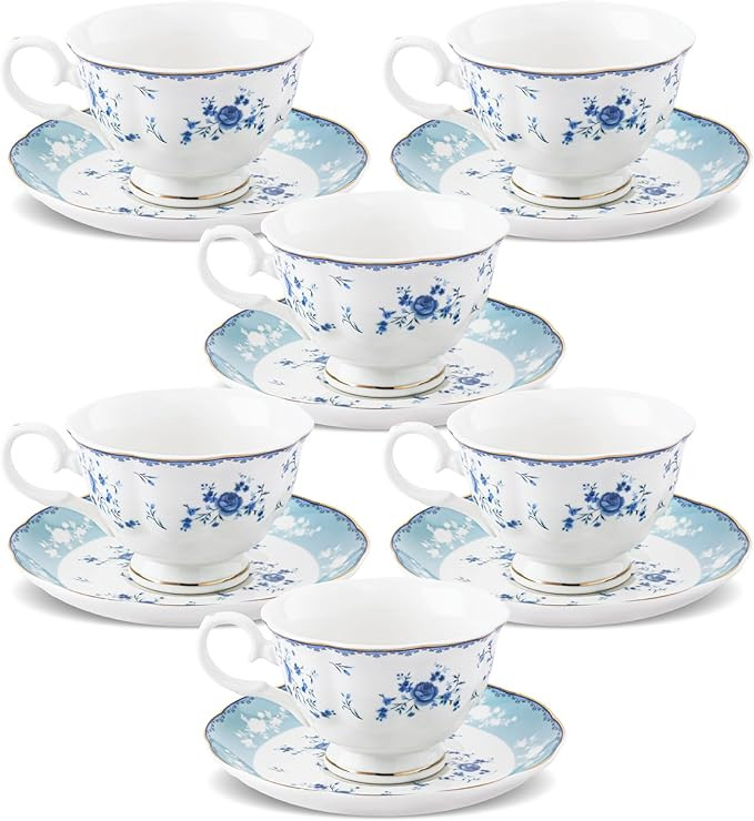 fanquare 5 Ounces Blue Rose Tea Cup Set of 6, Gold Trimmed Porcelain Coffee Cups for Party Home, ... | Amazon (US)