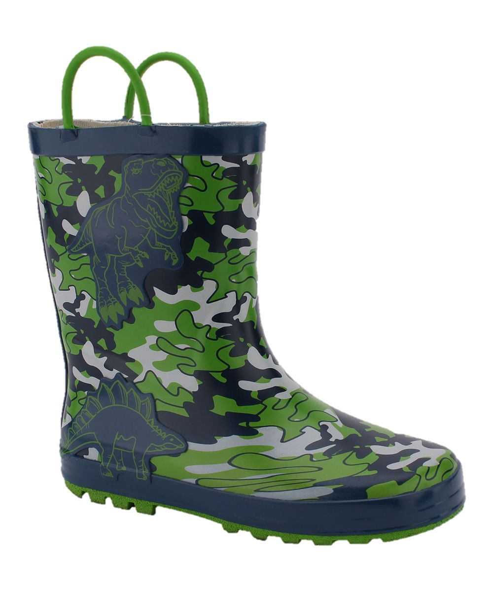 Cruz Kiks Boys' Rain boots Navy - Blue Dinosaur Camo Top-Handle Rubber Rain Boot - Boys | Zulily