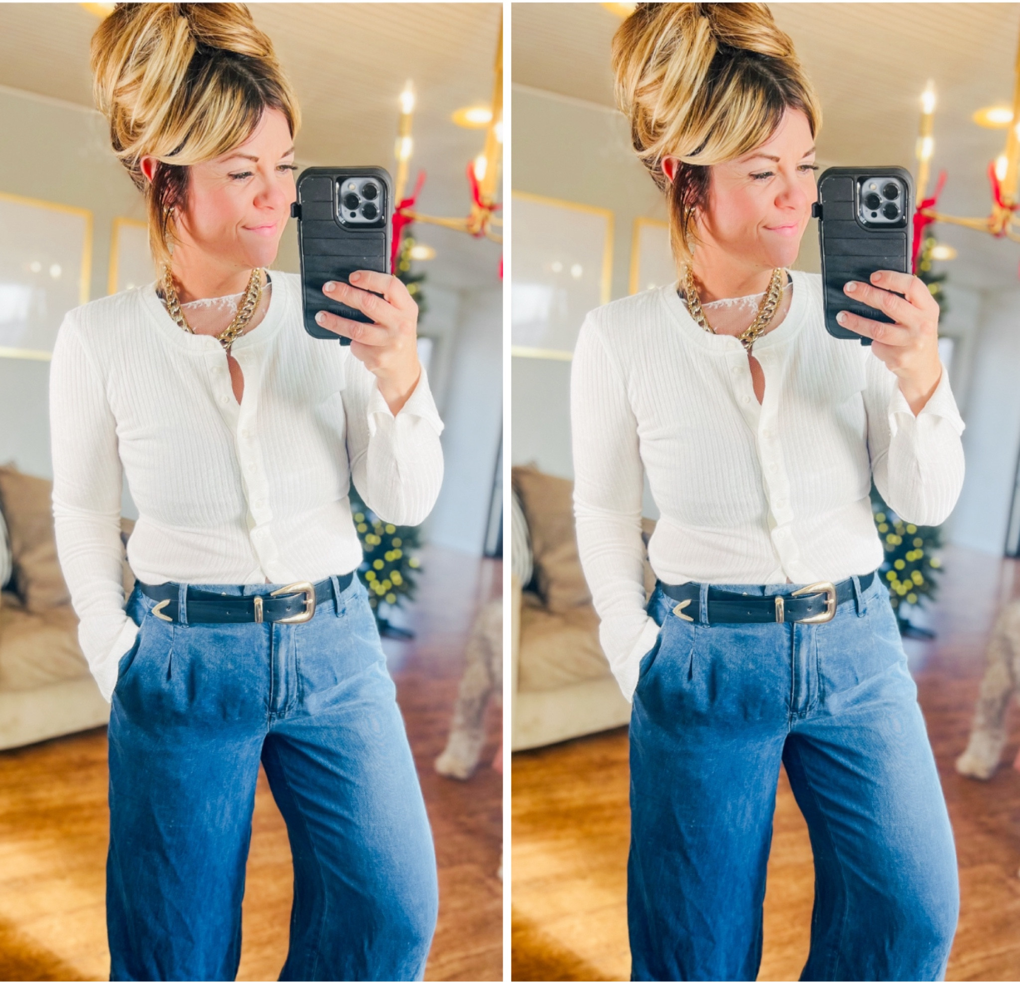 Aerie top
American eagle adorable trousers 
Viral lace top from Amazon Styled 
#aerie #americaneagle #styled #sweaters #jeans #size6 top is a size small