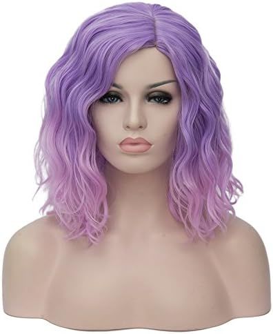 BERON 14" Women Girls Short Curly Bob Wavy Ombre Pink Wig Body Wave Daily Hair Wigs (Light Purple... | Amazon (US)
