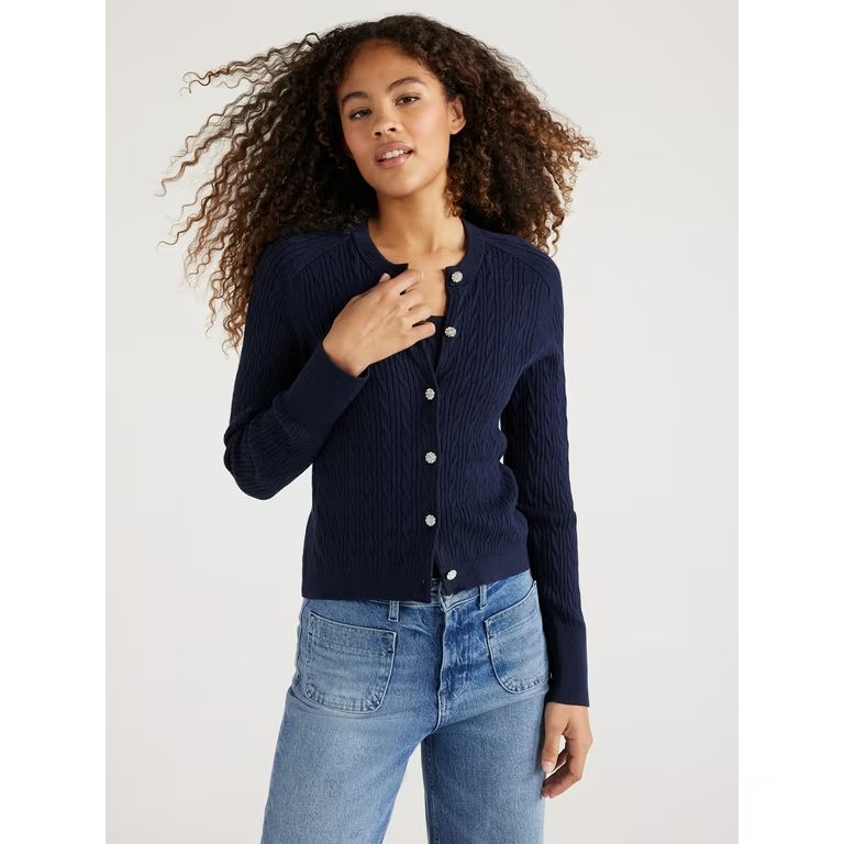 Free Assembly Women’s Cable Knit Cardigan Sweater with Long Sleeves, Lightweight, Sizes XS-XXL | Walmart (US)