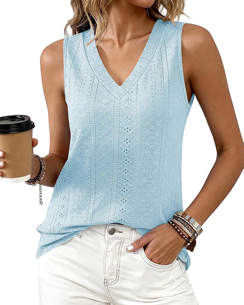 BTFBM Womens Tank Tops 2026 Summer Eyelet Crossed V Neck Sleeveless Casual Loose Fit Basic Spring... | Amazon (US)
