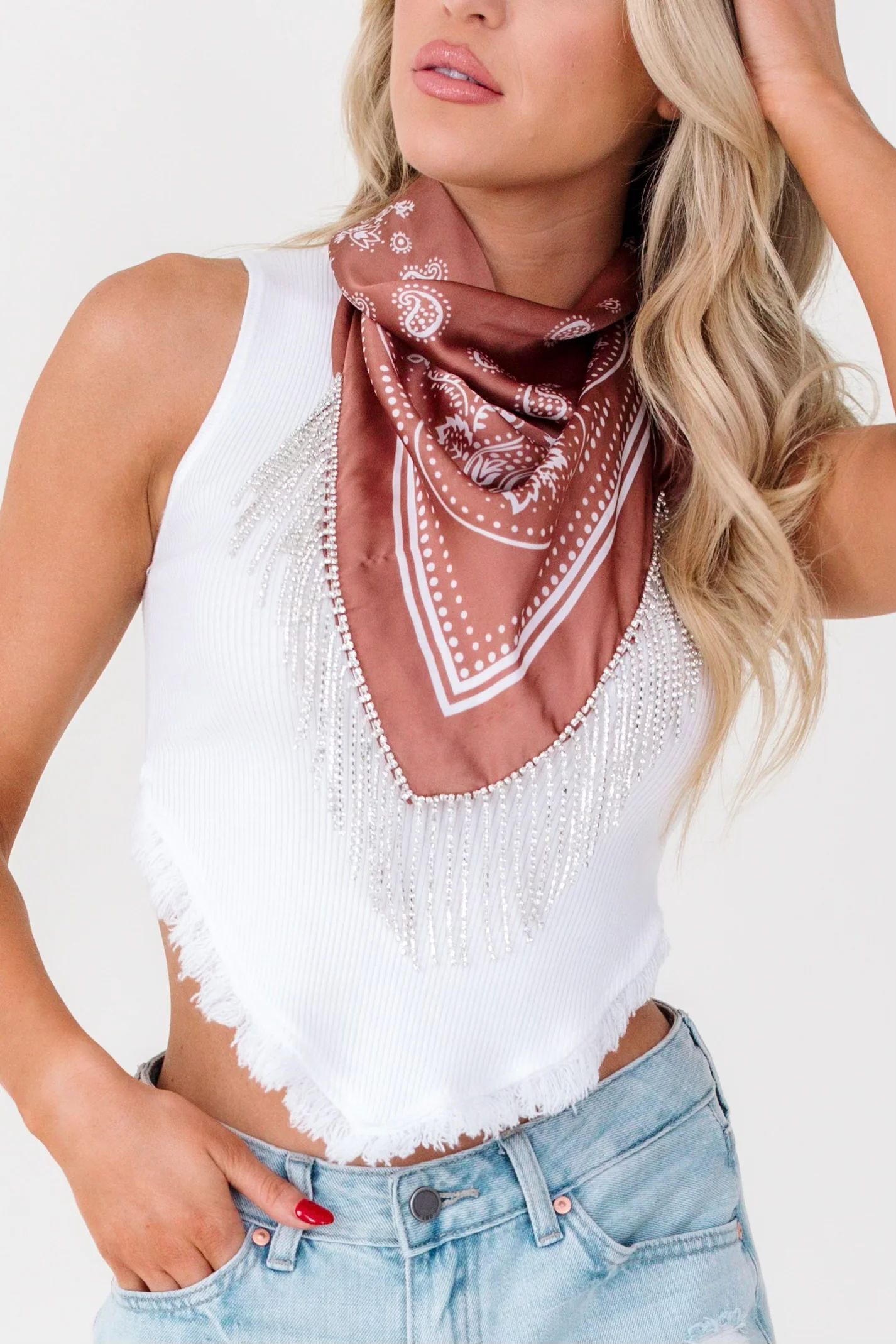 Fringe Rhinestone Bronze Bandana | The Post