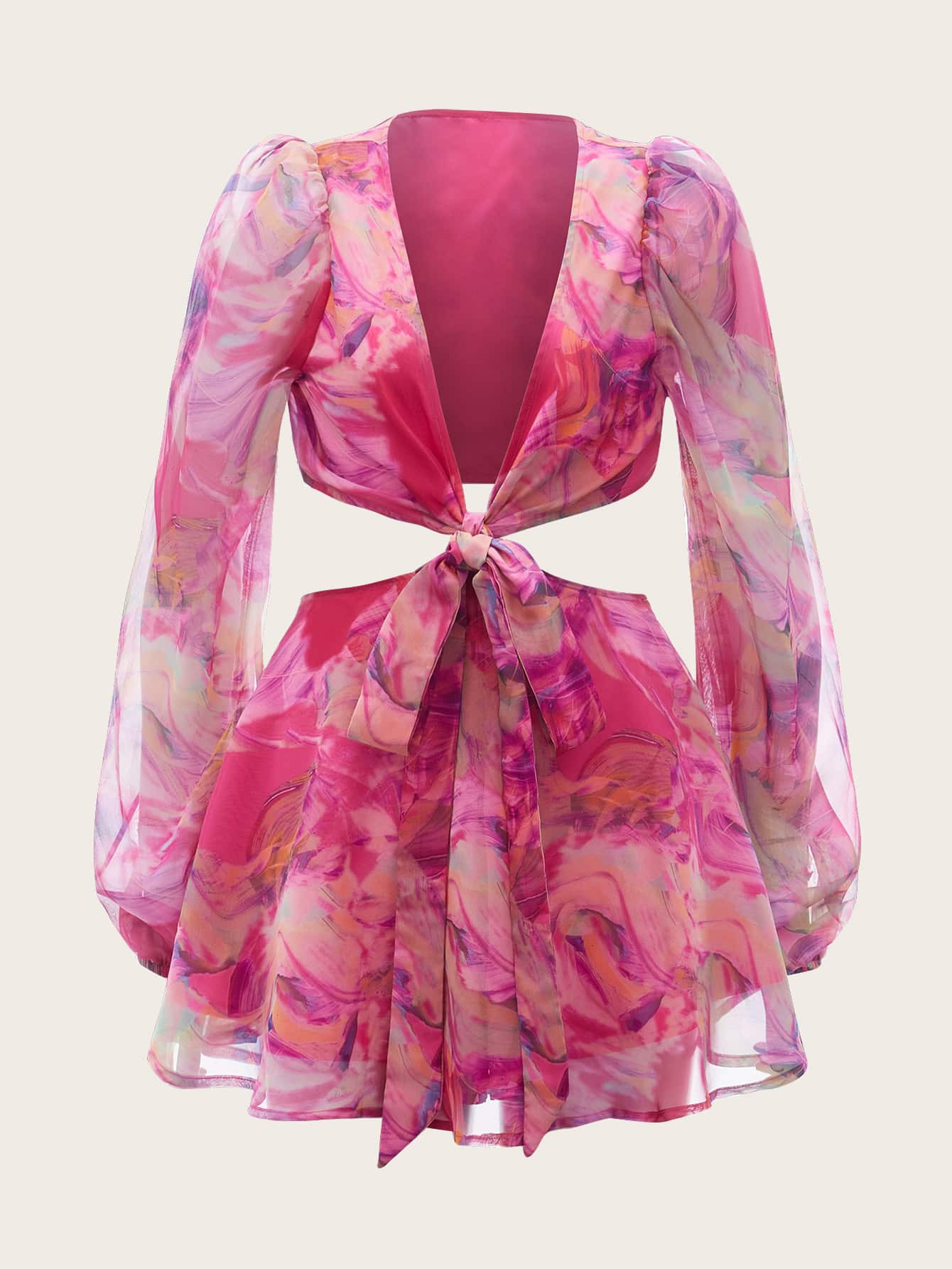 SHEIN VCAY Lantern Sleeve Knot Cutout Waist Chiffon Romper
       
              
              $... | SHEIN