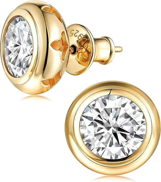 0.6-4CT Moissanite/Sapphire/Ruby/Emerald Bezel Stud Earrings for Women, Solid 925 Sterling Silver... | Amazon (US)