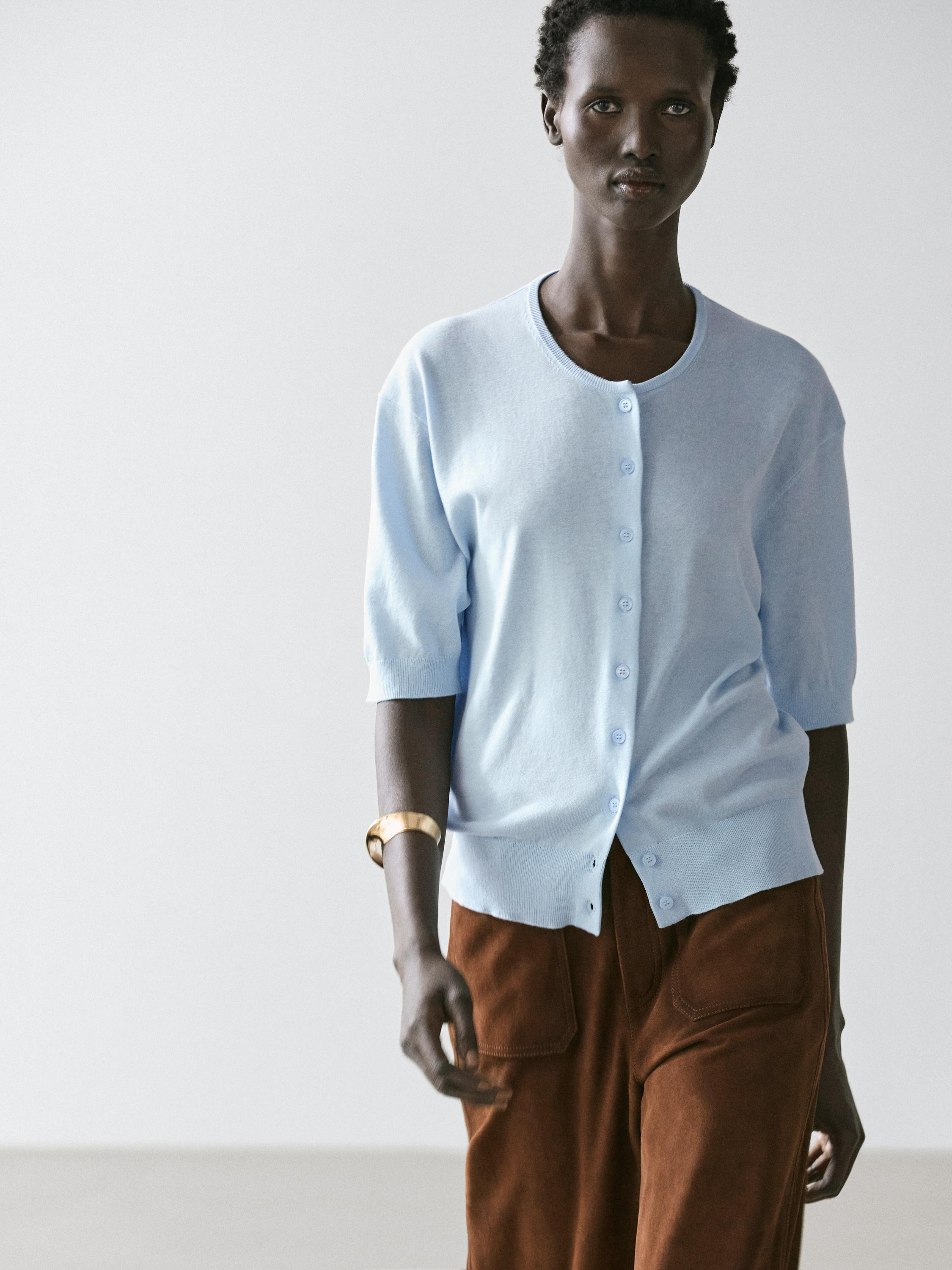 Cardigan in maglia a maniche corte · Azzurro Chiaro, Rosa Pallido · Top E Altri Capi | Massimo ... | Massimo Dutti IT