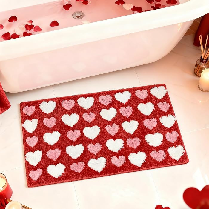 MEHOFOND Valentine's Day Bathroom Rug, Red Pink Love Heart Tufted Bath Mat, Soft Valentines Day B... | Amazon (US)