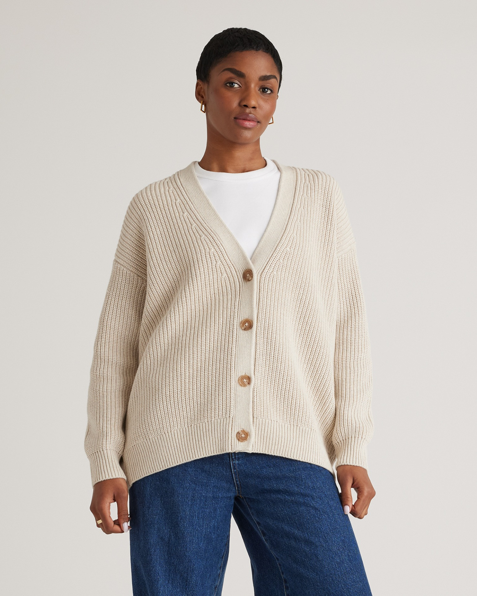Quince | Women's Oversized Boyfriend Cardigan Sweater in Speckled Beige, Size Large, Organic Cotton | Quince