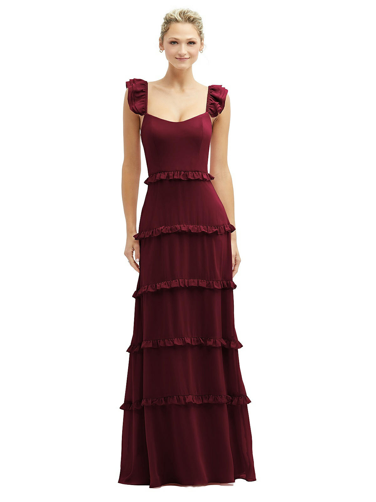 Tiered Chiffon Maxi A-line Dress with Convertible Ruffle Straps in Cabernet | The Dessy Group