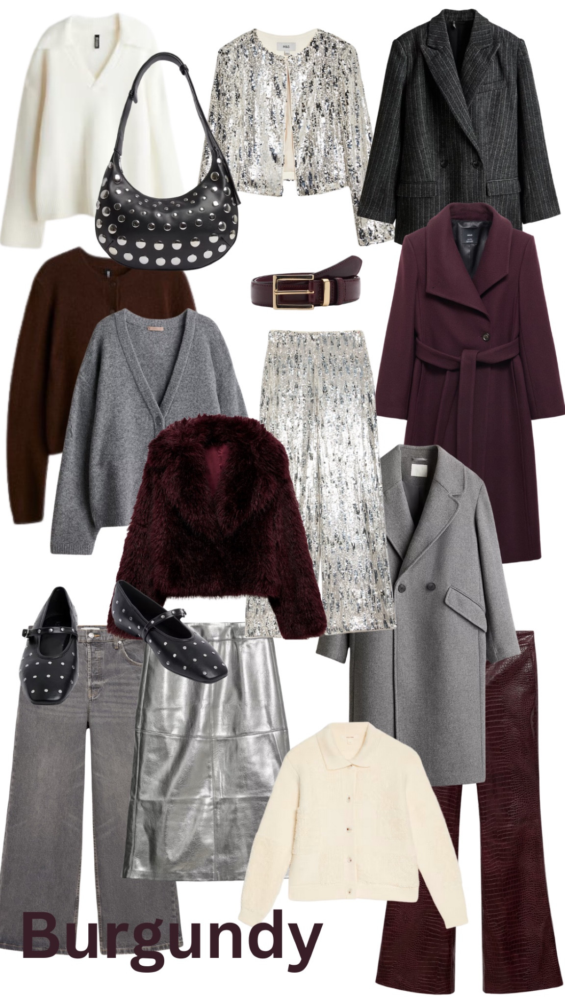 Shop my autumnal burgundy inspired moodboard with hints of sequins , pinstripes and studs. The colour of the season can be worn so many ways , but it looks especially beautiful paired with greys and creams. 

#LTKuk #LTKautumn #LTKeurope