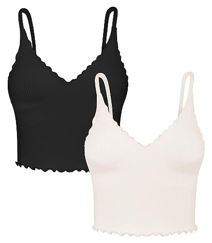 Sunzel Tank Top for Women, V Neck Cropped Seamless Ribbed Camisole with Ruffles for Workout Yoga Lounge (Black&Beige L-XL) | Amazon (US)
