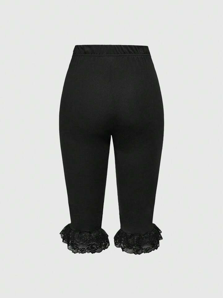 ROMWE Kawaii Women's Basic Y2K Millennium Style Lace Patchwork Tie Up Capri Pants | SHEIN