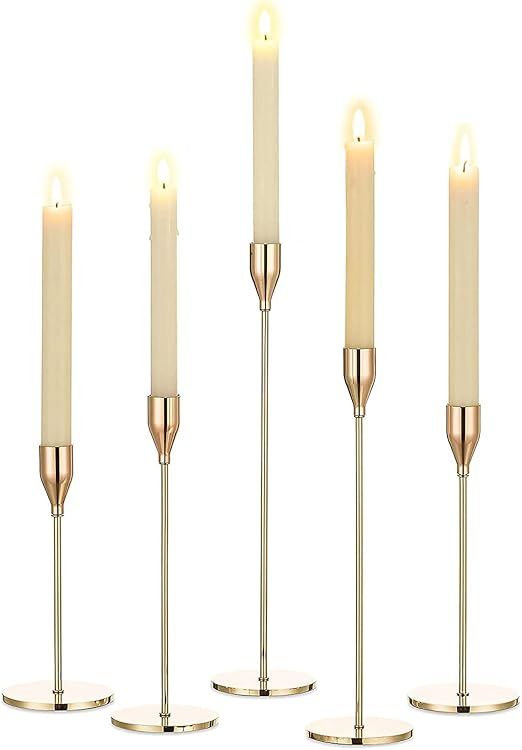 Gold Candlestick Holders Set of 5, Gold Candle Holder Taper Candle Holders, Metal Candle Stick Ho... | Amazon (US)