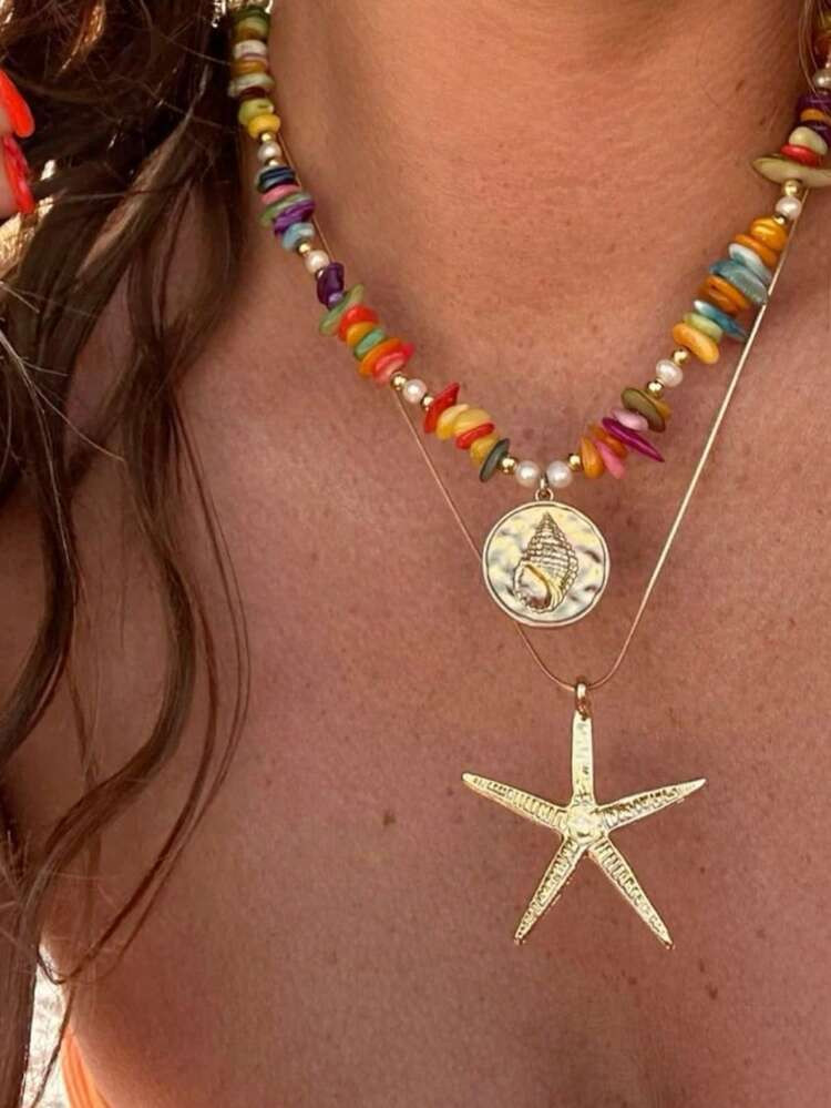 2pcs Boho Colorful Asymmetrical Stone Faux Pearl, Seashell & Starfish Pendant Double Layer Neckla... | SHEIN