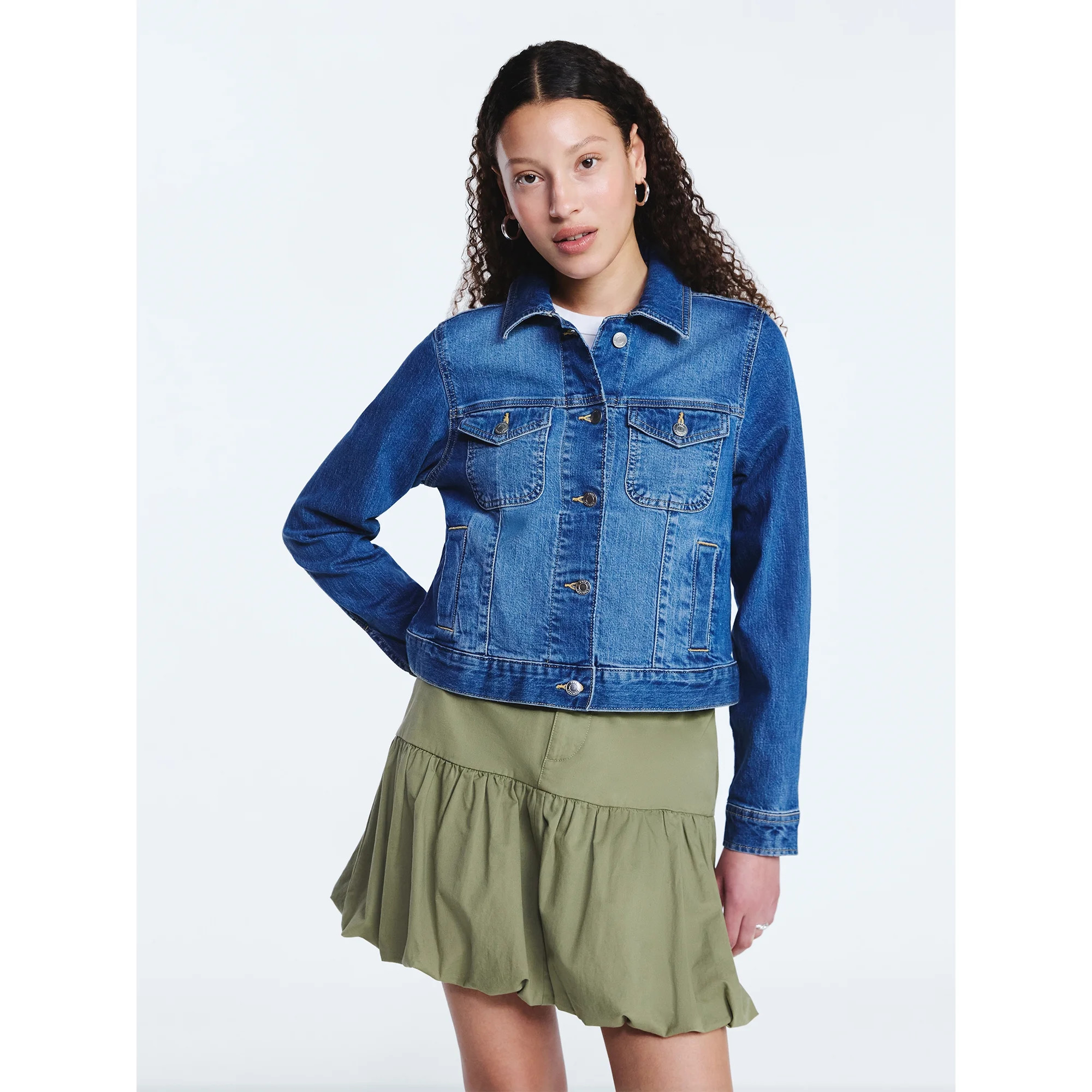 Free Assembly Women's Cropped Denim Jacket with Long Sleeves, Sizes XS-XXL | Walmart (US)