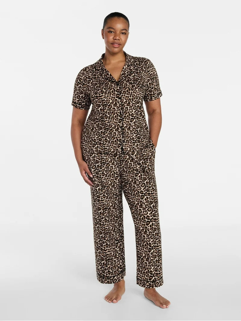 Joyspun Women's Dreamy Soft Collection Notch Knit Top and Capri Pants Pajama Set, 2-Piece, Sizes ... | Walmart (US)