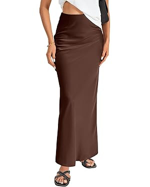 Vrtige Women's Elegant Satin Silky High Waist Zipper Flowy A Line Maxi Long Skirt | Amazon (US)