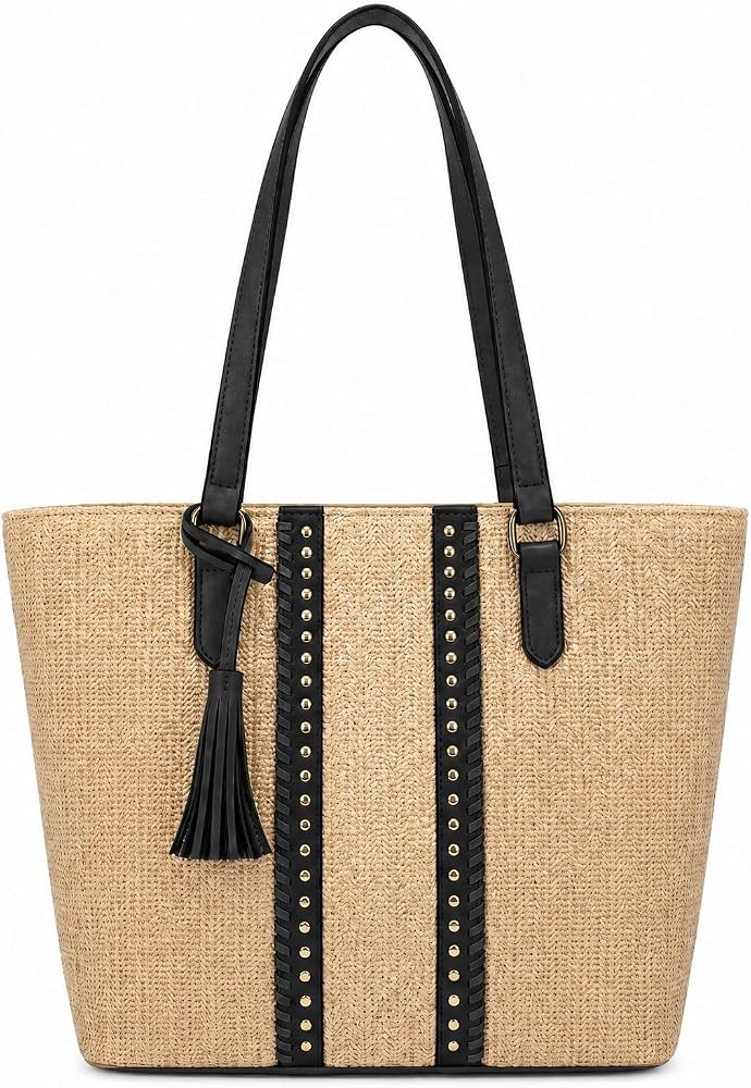 Straw Handbags for Women,Woven Raffia Purse,Tote Beach Bag with Leather Handles,Summer Vacation S... | Amazon (US)