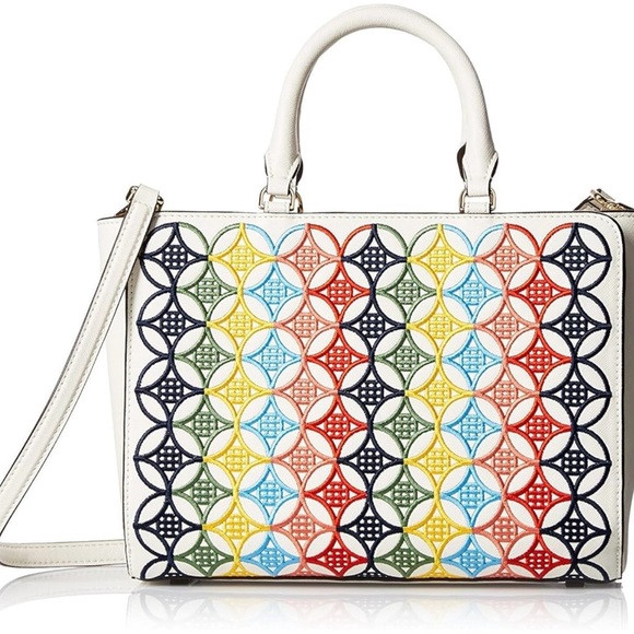 Tory Burch Robinson embroidered small zip tote bag ivory saffiano leather | Poshmark