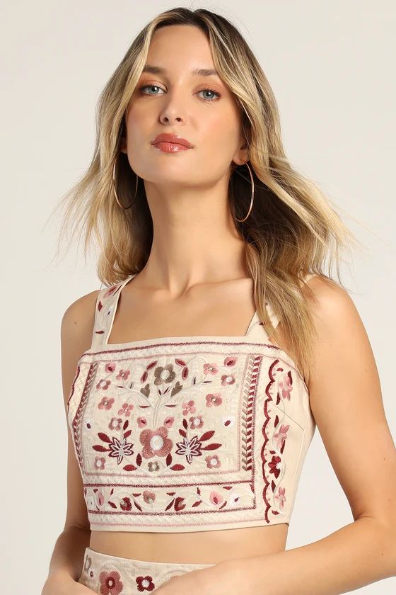 Don't Stop the Party Beige Embroidered Sleeveless Crop Top | Lulus (US)