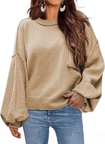 Dokotoo Women's Sweater 2024 Fall Winter Long Sleeve Casual Tops Ribbed Hem Knitwear Lantern Pull... | Amazon (US)