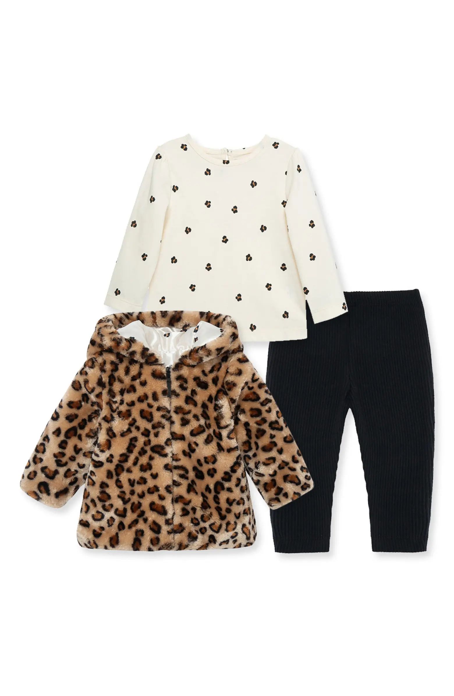 Leopard Print Faux Fur Hooded Jacket, T-Shirt & Leggings | Nordstrom
