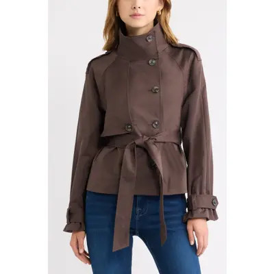 Open Edit Double Breasted Crop Trench Coat in Brown Seal at Nordstrom, Size Large | Nordstrom